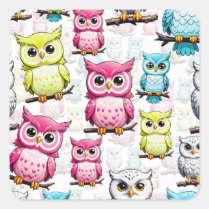 Kleurrijke Uil Vogels Witte achtergrond Patroon Vierkante Sticker