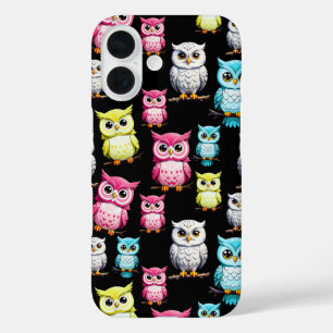 Kleurrijke Uil Vogels Zwart Achtergrond Patroon iPhone 16 Hoesje