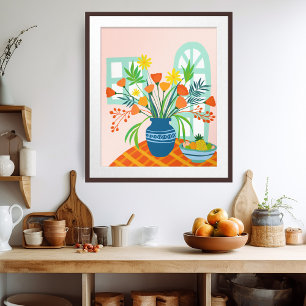 Kleurrijke uitbundige bloemenboeket illustratiekun poster