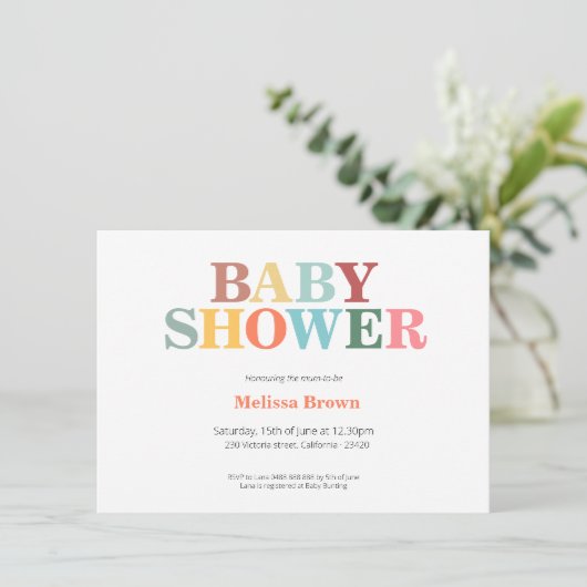 Kleurrijke uitnodiging voor babyfeestje (Staand voorkant)