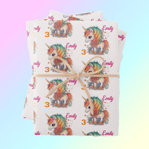 Kleurrijke Unicorn - Kindernaam & Leeftijd Persona Inpakpapier Vel