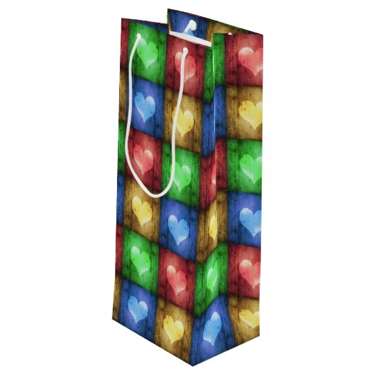 Kleurrijke Valentijnsdag Rustic Hearts Wijn Cadeautas (Achterkant Gekanteld)