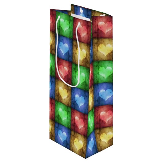 Kleurrijke Valentijnsdag Rustic Hearts Wijn Cadeautas (Voorkant Gekanteld)