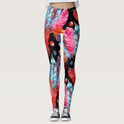 Kleurrijke veren, boho, naadloos, levendig. leggings (Voorkant)