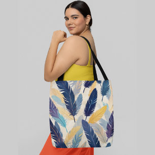 Kleurrijke veren in tinten van blauw geel patroon draagtas