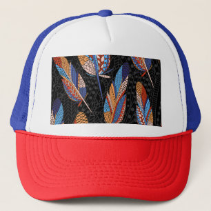 Kleurrijke veren patroon naadloze achtergrond. trucker pet