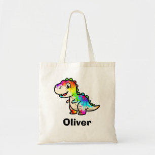 Kleurrijke verfspatdinosauriër tote bag
