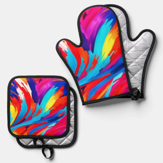 Kleurrijke verfstreken Art Ovenwant & Pannenlap Set (Voorkant / Achterkant)