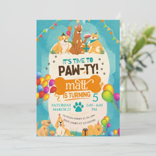 Kleurrijke Verjaardag Paw-ty Leuke Puppy Honden Kaart (Staand voorkant)