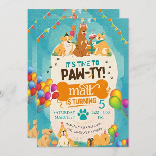 Kleurrijke Verjaardag Paw-ty Leuke Puppy Honden Kaart (Voorkant / Achterkant)