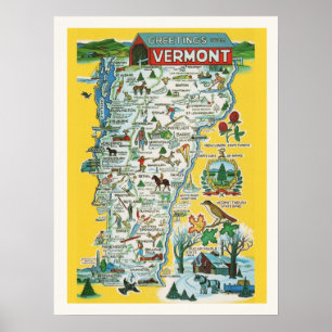 Kleurrijke Vermont Kaart 18 x24 Afdrukken Poster