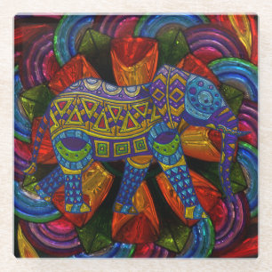 Kleurrijke Versierd Olifant en Mandala Glazen Onderzetter