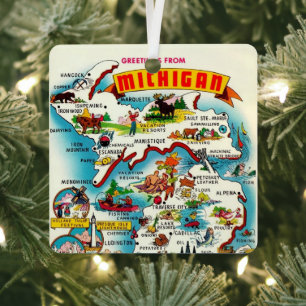 Kleurrijke vintage Michigan kaart ansichtkaart Metalen Ornament