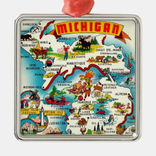 Kleurrijke Vintage Michigan Kaart Metalen Ornament