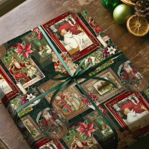 Kleurrijke Vintage Victoriaanse Kerstkaart Collage Cadeaupapier