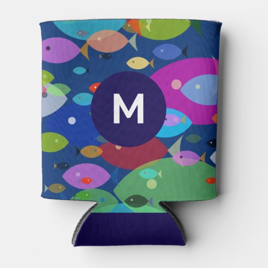 Kleurrijke Vis Abstract Patroon Blauw Monogram Blikjeskoeler (Voorkant)