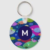Kleurrijke Vis Abstract Patroon Blauw Monogram Sleutelhanger (Voorkant)