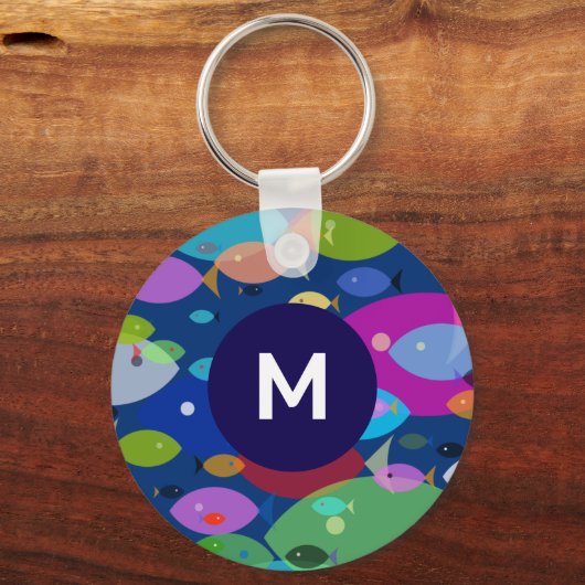 Kleurrijke Vis Abstract Patroon Blauw Monogram Sleutelhanger (Achterkant)