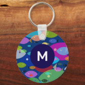Kleurrijke Vis Abstract Patroon Blauw Monogram Sleutelhanger (Voorkant)