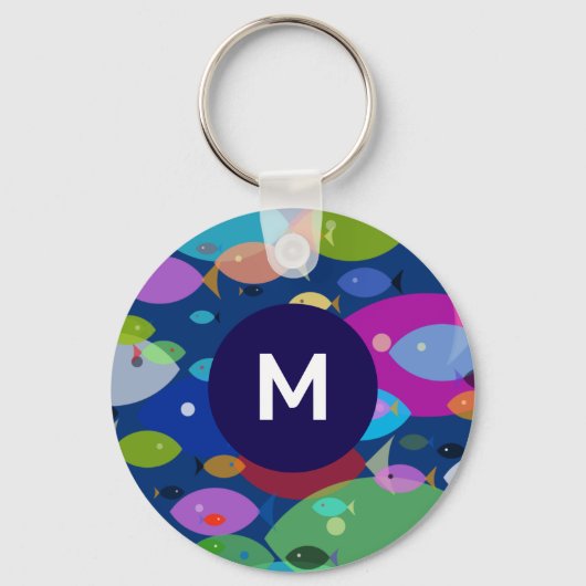 Kleurrijke Vis Abstract Patroon Blauw Monogram Sleutelhanger (Achterkant)