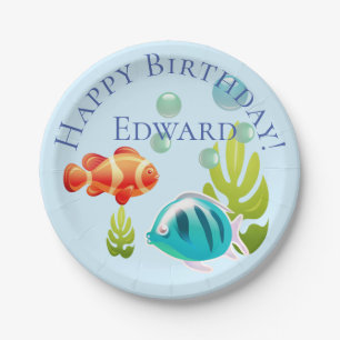 Kleurrijke vis met bubbels en zeewier papieren bordje