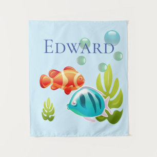 Kleurrijke vis met bubbels en zeewier wandkleed