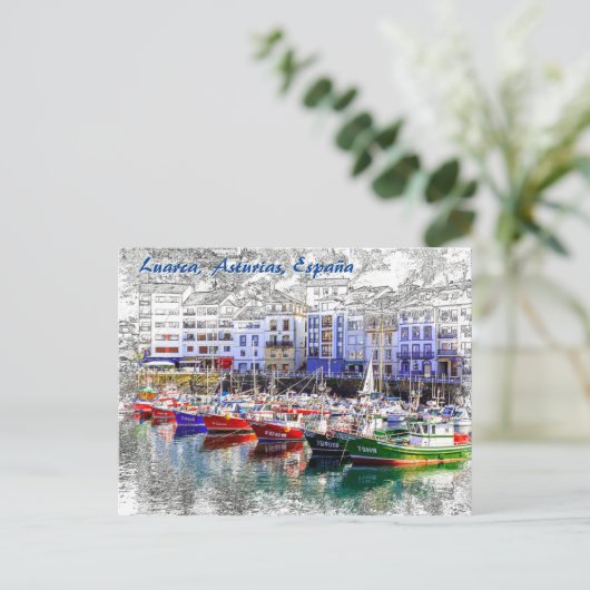 Kleurrijke vissersboten in Luarca, Asturië, Spanje Briefkaart (Staand voorkant)