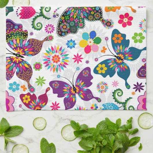 Kleurrijke vlinder en bloemen patroon theedoek (Gevouwen)