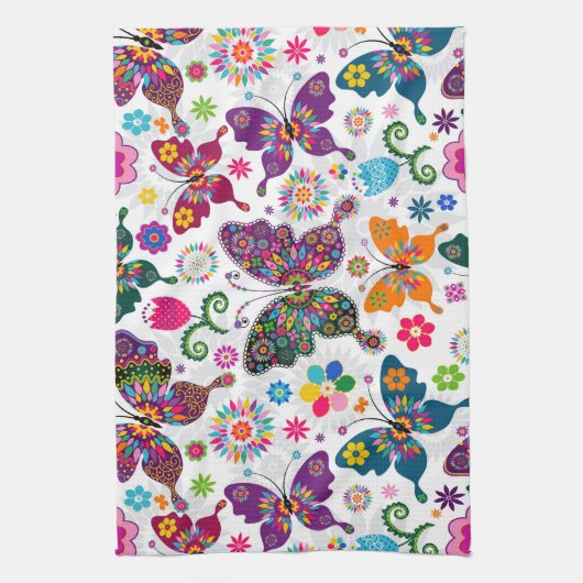 Kleurrijke vlinder en bloemen patroon theedoek (Verticaal)