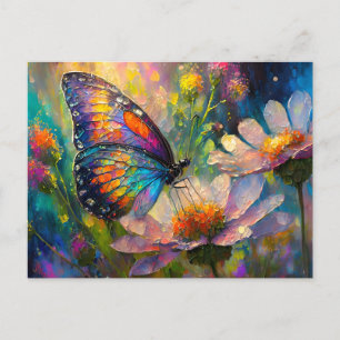 Kleurrijke vlinder en wilde bloemen bij zonsopgang briefkaart