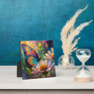 Kleurrijke vlinder en wilde bloemen bij zonsopgang fotoplaat