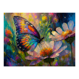 Kleurrijke vlinder en wilde bloemen bij zonsopgang perfect poster
