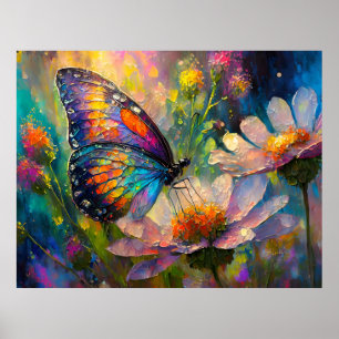 Kleurrijke vlinder en wilde bloemen bij zonsopgang poster