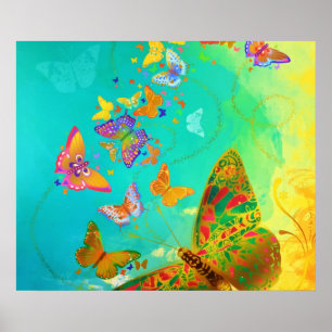 , kleurrijke vlinder Gold Waterverf Poster