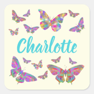 Kleurrijke Vlinder Patroon Naam Vierkante Sticker