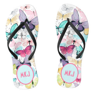 Kleurrijke Vlinder Roze, Blauw, Paarse Monogram Teenslippers