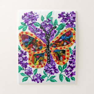 Kleurrijke Vlinder Tussen Paarse Bloesems Legpuzzel