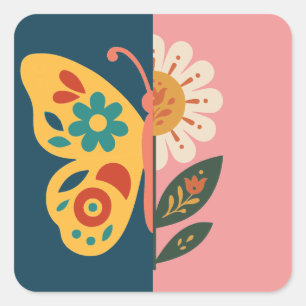 Kleurrijke vlinderdecoratie met bloemmotieven vierkante sticker