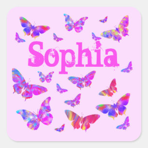Kleurrijke Vlinderkunst Roze Sophia Voeg Naam Toe Vierkante Sticker