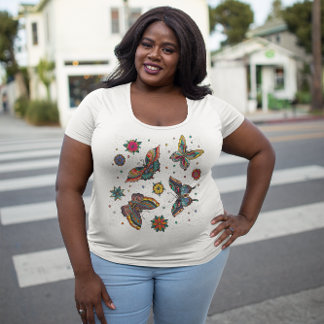 Kleurrijke Vlinders Bloemen Zomer Tijd  Grote Maat T-shirt