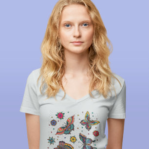 Kleurrijke Vlinders Bloemen Zomer Tijd V-Neck T-shirt