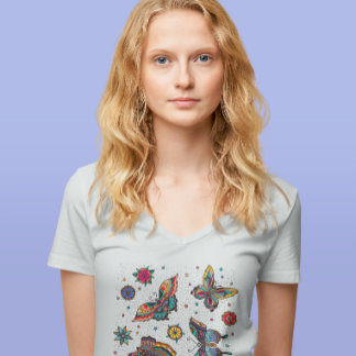 Kleurrijke Vlinders Bloemen Zomer Tijd V-Neck  T-shirt