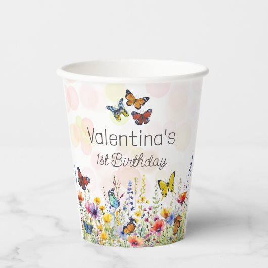 Kleurrijke Vlinders en Wildbloemen Verjaardag Papieren Bekers (Voorkant)