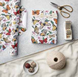 Kleurrijke vlinders Roze bloemen & Groene bladeren Cadeaupapier