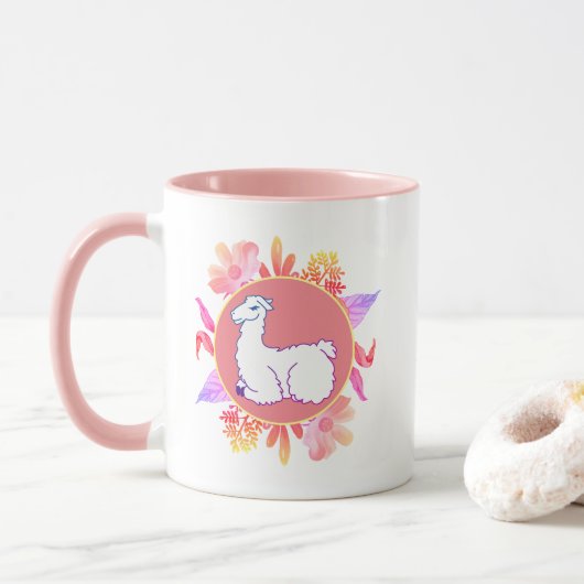 Kleurrijke, vloerbedekking, llama en olie mok (Met donut)