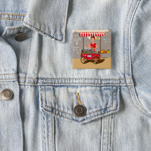 Kleurrijke voedselkar van glimlachende straatvoeds vierkante button 5,1 cm