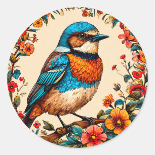 Kleurrijke vogel Bloemrijke Natuur Kunst 🖼️ Elega Ronde Sticker