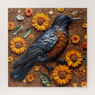 Kleurrijke vogel gearrangeerd met zonnebloemen legpuzzel