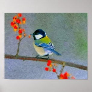 Kleurrijke vogel met rode/oranje bloemen poster