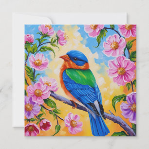 Kleurrijke Vogel met Roze Wilde Rozen Natuur Kaart